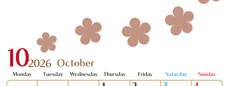 2026年10月カレンダーは縦型月曜始まりでベージュの花がおしゃれ：無料(2026-01341011)