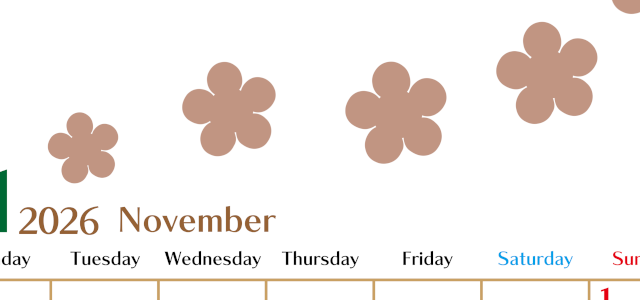 2026年11月カレンダーは縦型月曜始まりでベージュの花がおしゃれ：無料(2026-01341111)