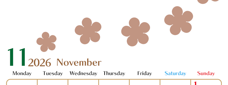 2026年11月カレンダーは縦型月曜始まりでベージュの花がおしゃれ：無料(2026-01341111)