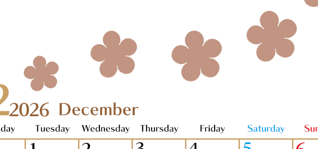 2026年12月カレンダーは縦型月曜始まりでベージュの花がおしゃれ：無料(2026-01341211)