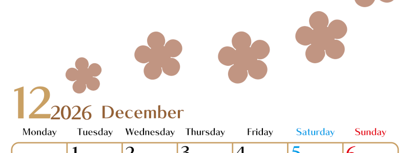 2026年12月カレンダーは縦型月曜始まりでベージュの花がおしゃれ：無料(2026-01341211)