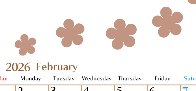 2026年2月カレンダーは縦型日曜始まりでベージュの花がおしゃれ：無料(2026-01340210)