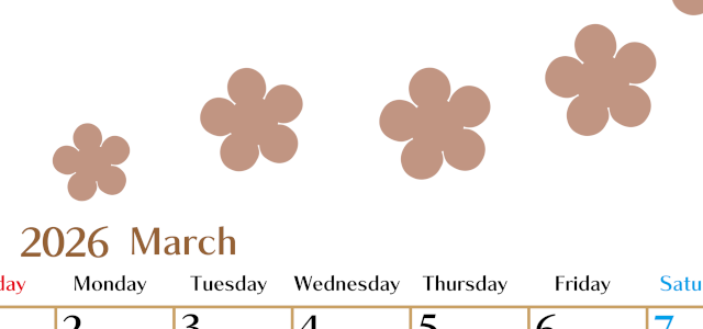 2026年3月カレンダーは縦型日曜始まりでベージュの花がおしゃれ：無料(2026-01340310)