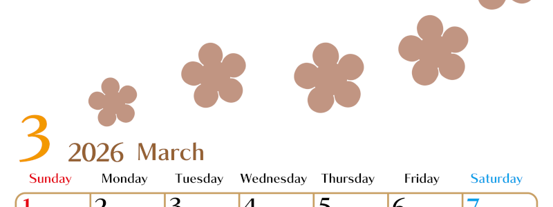 2026年3月カレンダーは縦型日曜始まりでベージュの花がおしゃれ：無料(2026-01340310)