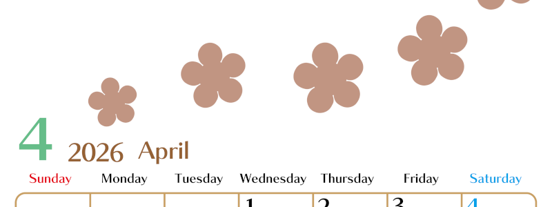 2026年4月カレンダーは縦型日曜始まりでベージュの花がおしゃれ：無料(2026-01340410)