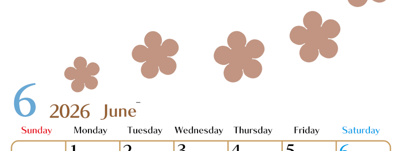 2026年6月カレンダーは縦型日曜始まりでベージュの花がおしゃれ：無料(2026-01340610)