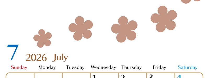 2026年7月カレンダーは縦型日曜始まり でベージュの花がおしゃれ：無料(2026-01340710)