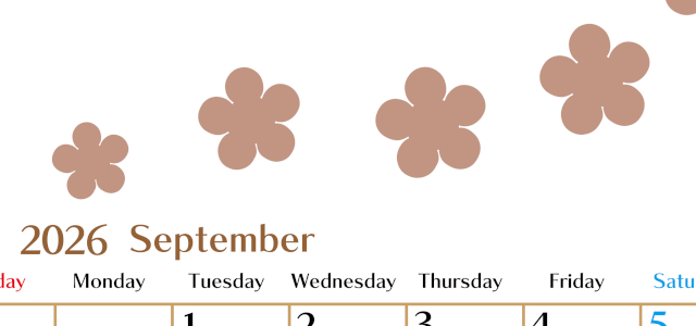 2026年9月カレンダーは縦型日曜始まりでベージュの花がおしゃれ：無料(2026-01340910)