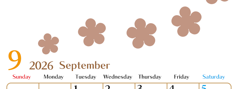 2026年9月カレンダーは縦型日曜始まりでベージュの花がおしゃれ：無料(2026-01340910)
