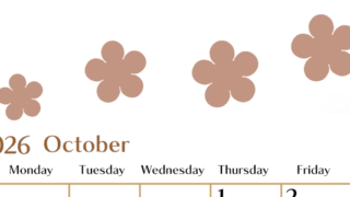 2026年10月カレンダーは縦型日曜始まりでベージュの花がおしゃれ：無料(2026-01341010)