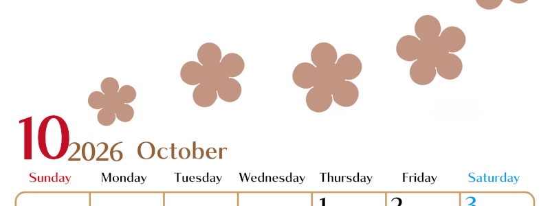 2026年10月カレンダーは縦型日曜始まりでベージュの花がおしゃれ：無料(2026-01341010)