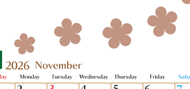 2026年11月カレンダーは縦型日曜始まりでベージュの花がおしゃれ：無料(2026-01341110)