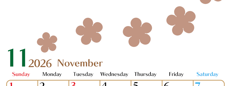 2026年11月カレンダーは縦型日曜始まりでベージュの花がおしゃれ：無料(2026-01341110)