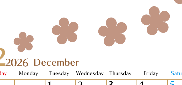 2026年12月カレンダーは縦型日曜始まりでベージュの花がおしゃれ：無料(2026-01341210)