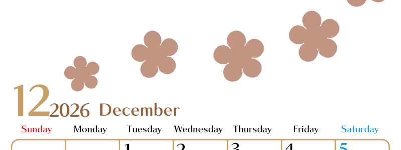 2026年12月カレンダーは縦型日曜始まりでベージュの花がおしゃれ：無料(2026-01341210)
