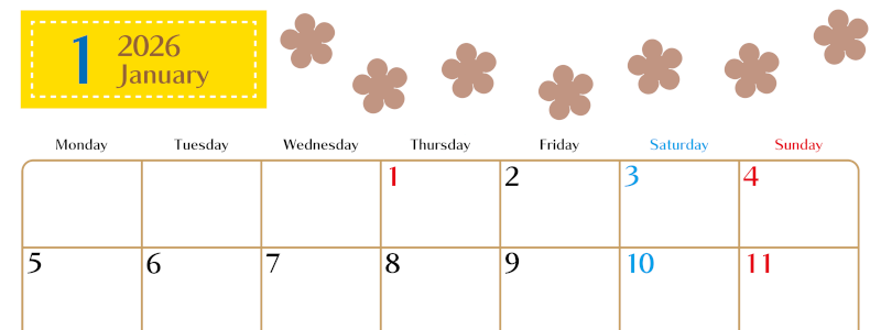 2026年1月カレンダーは横型月曜始まりでベージュの花がおしゃれ：無料(2026-01340101)