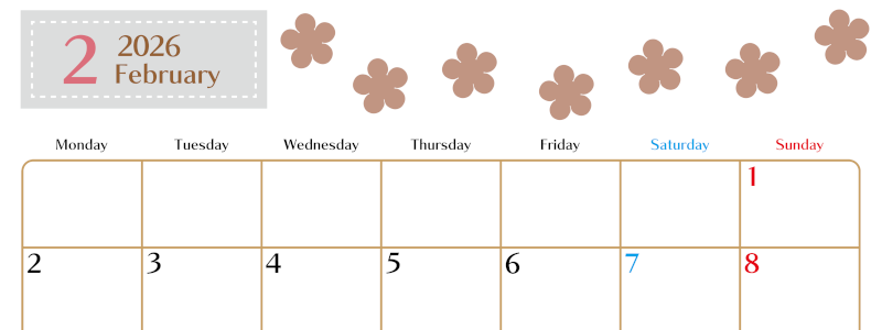 2026年2月カレンダーは横型月曜始まりでベージュの花がおしゃれ：無料(2026-01340201)