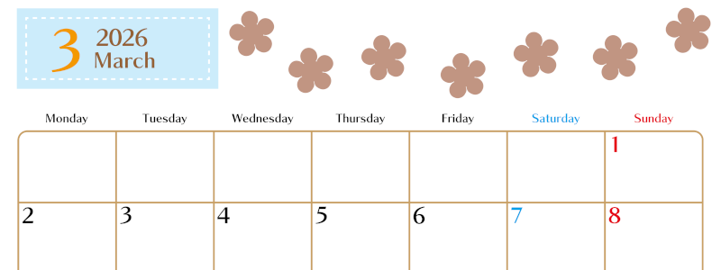 2026年3月カレンダーは横型月曜始まりでベージュの花がおしゃれ：無料(2026-01340301)
