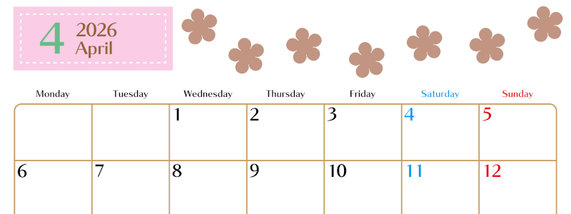 2026年4月カレンダーは横型月曜始まりでベージュの花がおしゃれ：無料(2026-01340401)