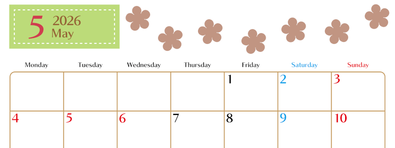 2026年5月カレンダーは横型月曜始まりでベージュの花がおしゃれ：無料(2026-01340501)