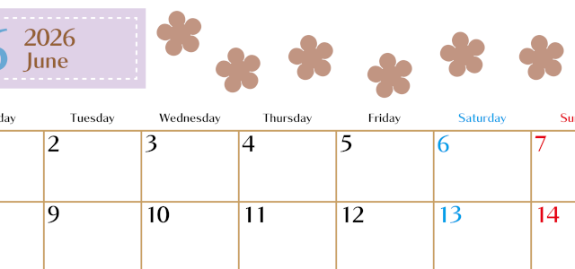 2026年6月カレンダーは横型月曜始まりでベージュの花がおしゃれ：無料(2026-01340601)
