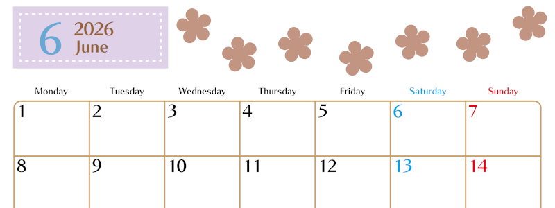 2026年6月カレンダーは横型月曜始まりでベージュの花がおしゃれ：無料(2026-01340601)