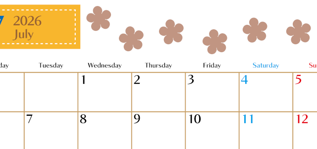 2026年7月カレンダーは横型月曜始まり でベージュの花がおしゃれ：無料(2026-01340701)