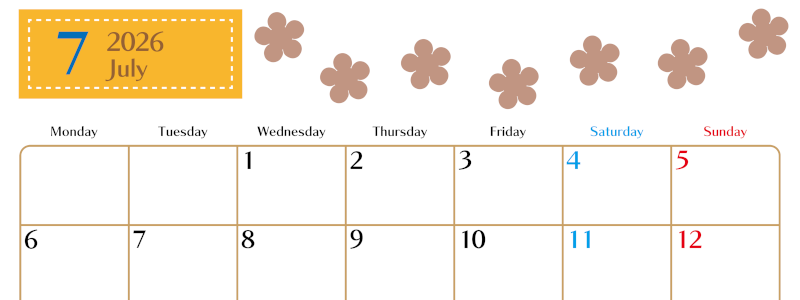 2026年7月カレンダーは横型月曜始まり でベージュの花がおしゃれ：無料(2026-01340701)