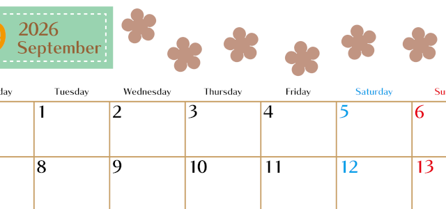 2026年9月カレンダーは横型月曜始まりでベージュの花がおしゃれ：無料(2026-01340901)