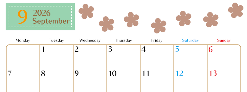 2026年9月カレンダーは横型月曜始まりでベージュの花がおしゃれ：無料(2026-01340901)