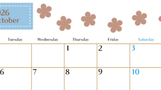 2026年10月カレンダーは横型月曜始まりでベージュの花がおしゃれ：無料(2026-01341001)