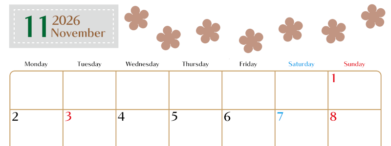 2026年11月カレンダーは横型月曜始まりでベージュの花がおしゃれ：無料(2026-01341101)