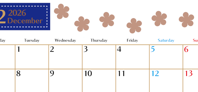 2026年12月カレンダーは横型月曜始まりでベージュの花がおしゃれ：無料(2026-01341201)