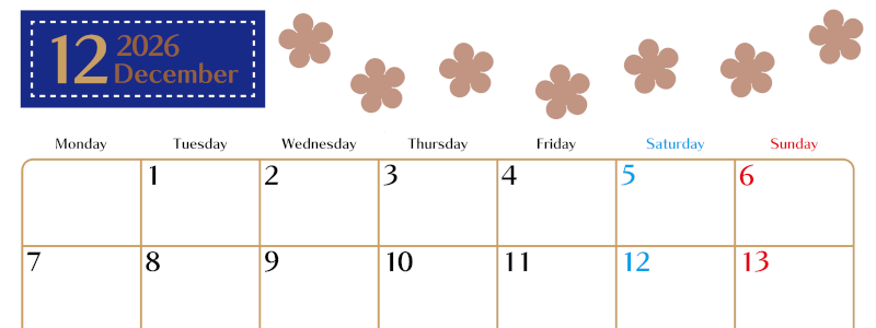 2026年12月カレンダーは横型月曜始まりでベージュの花がおしゃれ：無料(2026-01341201)