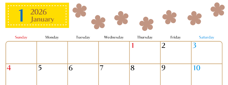 2026年1月カレンダーは横型日曜始まりでベージュの花がおしゃれ：無料(2026-01340100)