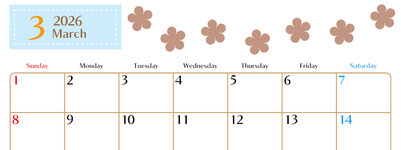 2026年3月カレンダーは横型日曜始まりでベージュの花がおしゃれ：無料(2026-01340300)
