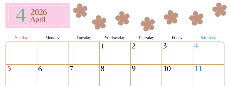 2026年4月カレンダーは横型日曜始まりでベージュの花がおしゃれ：無料(2026-01340400)