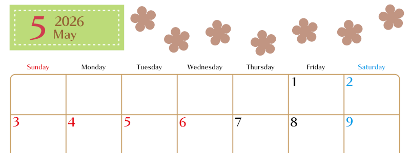 2026年5月カレンダーは横型日曜始まりでベージュの花がおしゃれ：無料(2026-01340500)