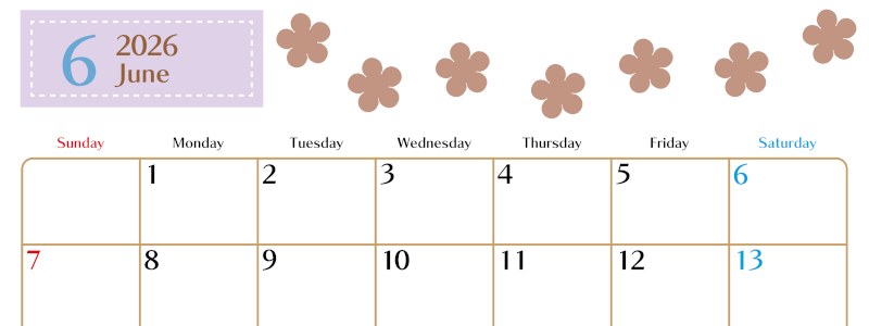 2026年6月カレンダーは横型日曜始まりでベージュの花がおしゃれ：無料(2026-01340600)