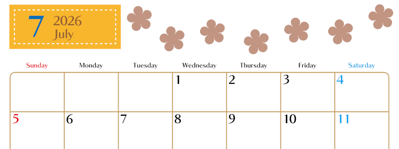 2026年7月カレンダーは横型日曜始まりでベージュの花がおしゃれ：無料(2026-01340700)