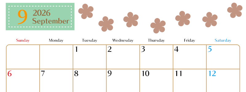 2026年9月カレンダーは横型日曜始まりでベージュの花がおしゃれ：無料(2026-01340900)