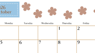 2026年10月カレンダーは横型日曜始まりでベージュの花がおしゃれ：無料(2026-01341000)