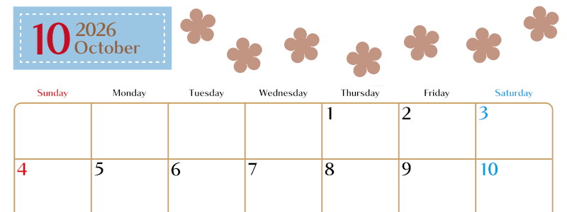 2026年10月カレンダーは横型日曜始まりでベージュの花がおしゃれ：無料(2026-01341000)