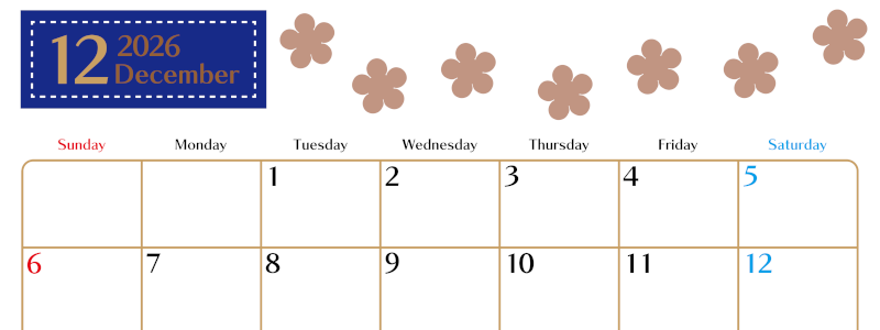 2026年12月カレンダーは横型日曜始まりでベージュの花がおしゃれ：無料(2026-01341200)