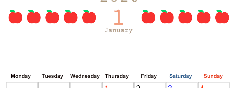 2026年1月カレンダーは縦型月曜始まりで旬のフルーツのイラストがおしゃれ：無料(2026-01350111)