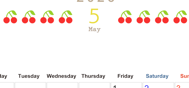 2026年5月カレンダーは縦型月曜始まりで旬のフルーツのイラストがおしゃれ：無料(2026-01350511)