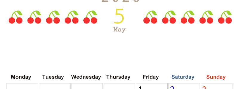 2026年5月カレンダーは縦型月曜始まりで旬のフルーツのイラストがおしゃれ：無料(2026-01350511)