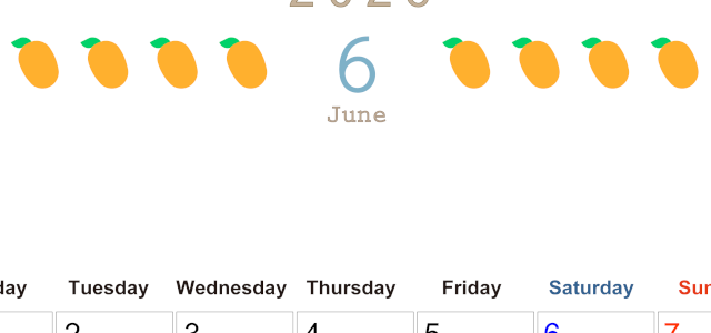 2026年6月カレンダーは縦型月曜始まりで旬のフルーツのイラストがおしゃれ：無料(2026-01350611)