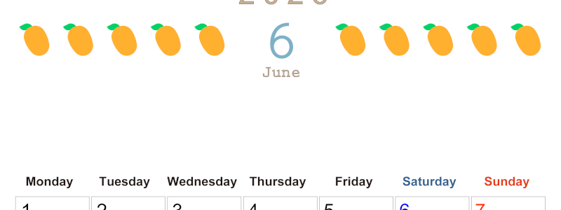 2026年6月カレンダーは縦型月曜始まりで旬のフルーツのイラストがおしゃれ：無料(2026-01350611)