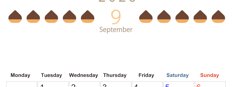 2026年9月カレンダーは縦型月曜始まりで旬のフルーツのイラストがおしゃれ：無料(2026-01350911)